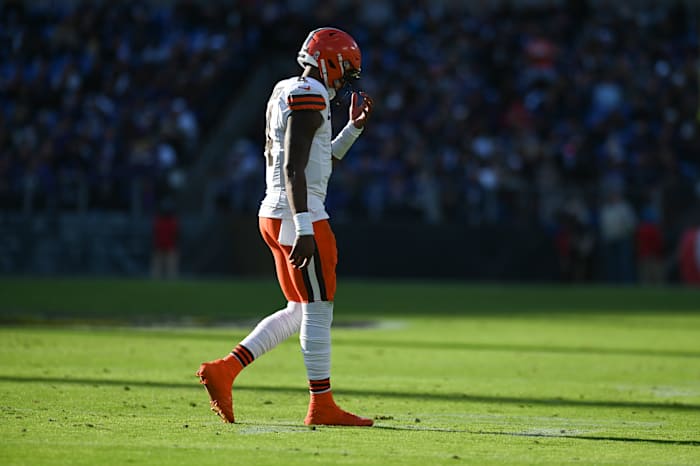 Nov 12, 2023; Baltimore, Maryland, USA; Cleveland Browns quarterback Deshaun Watson (4) walks to the sidelines during the first half against the Baltimore Ravens at M&T Bank Stadium.